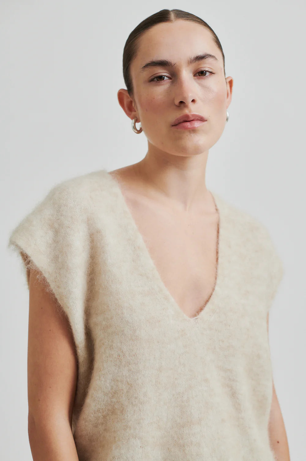 stretchy mohair blend v neck sleeveless vest in sand close up