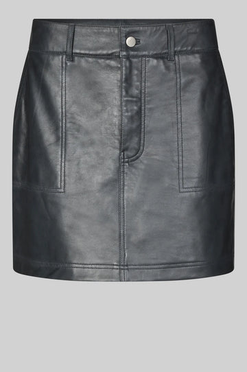 black leather short skirt with belt loops and button/zip fastening