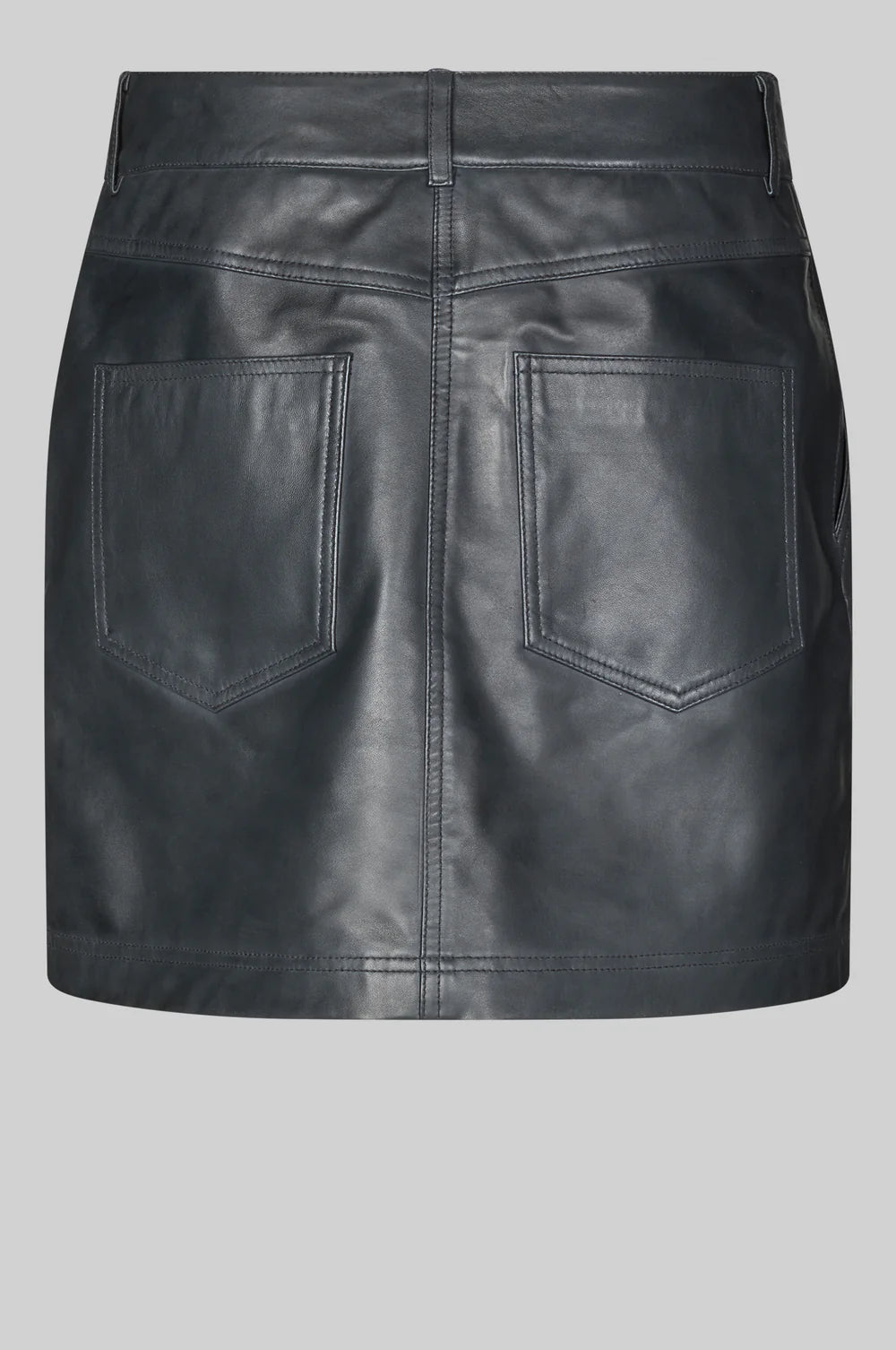 black leather short skirt with belt loops and button/zip fastening rear view