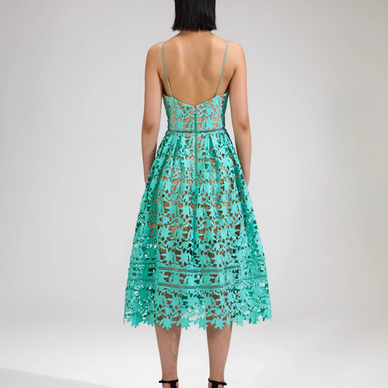 Aqua lace strappy dress with caramel visible lining