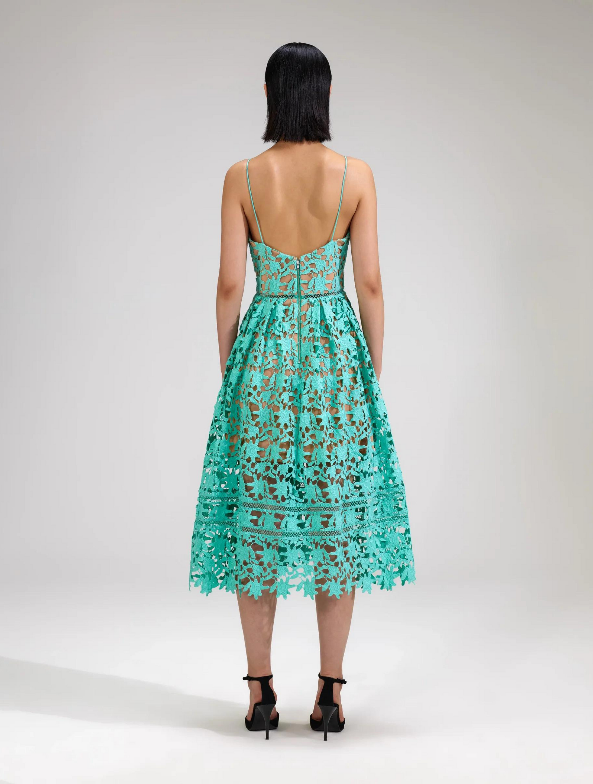 Aqua lace strappy dress with caramel visible lining