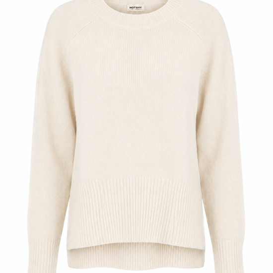 An off-white ribbed knit crewneck sweater with raglan sleeves, shown against a plain white background.