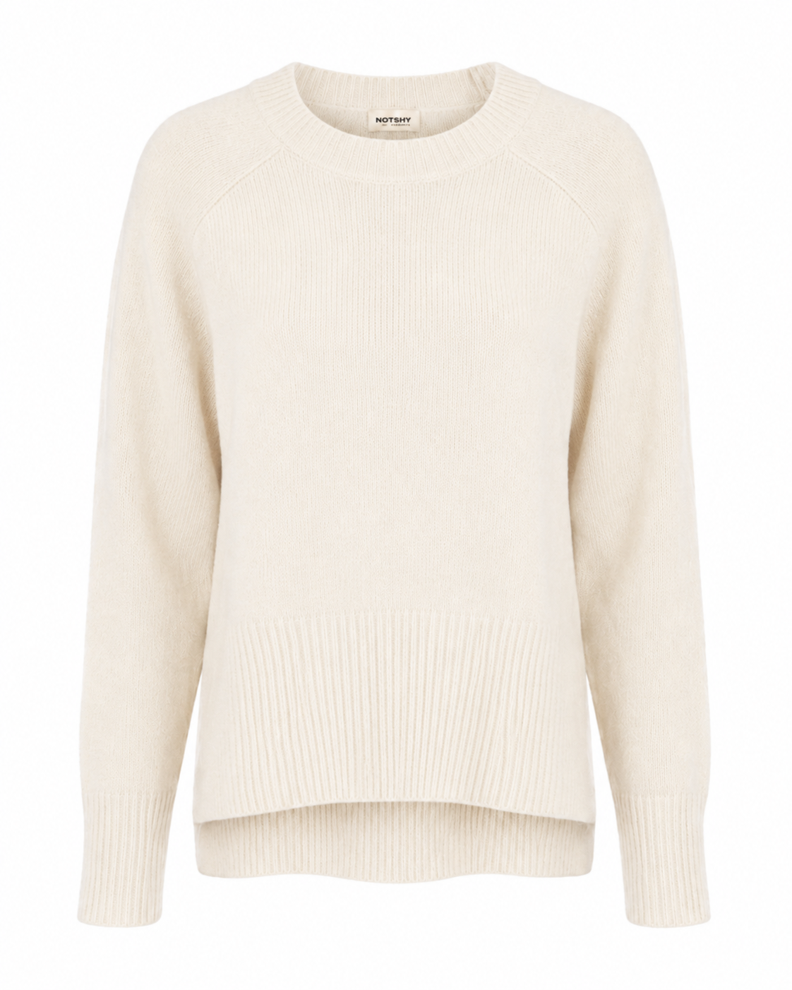 An off-white ribbed knit crewneck sweater with raglan sleeves, shown against a plain white background.