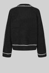 black round neck jumper with contrasting white stripes, long sleeves and ribbing rear view 