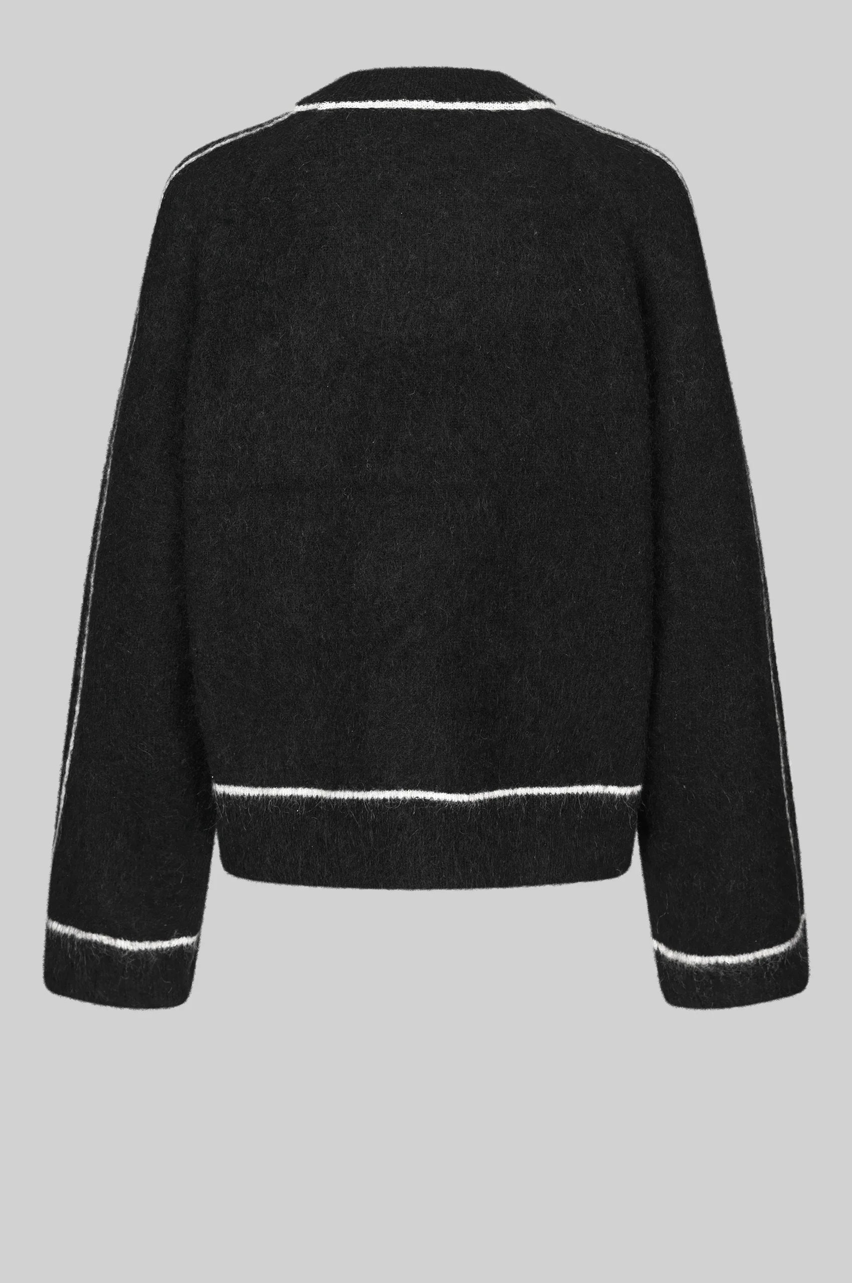 black round neck jumper with contrasting white stripes, long sleeves and ribbing rear view 