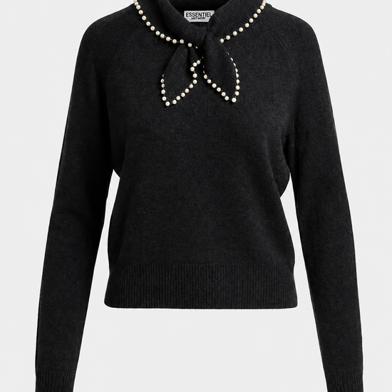 black knit sweater with a pearl-trimmed bow collar 