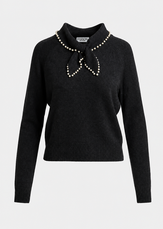 black knit sweater with a pearl-trimmed bow collar 