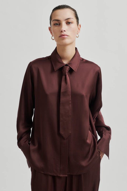 brown silky shirt with tie detail at the neck, concealed placket and buttoned cuffs model shot