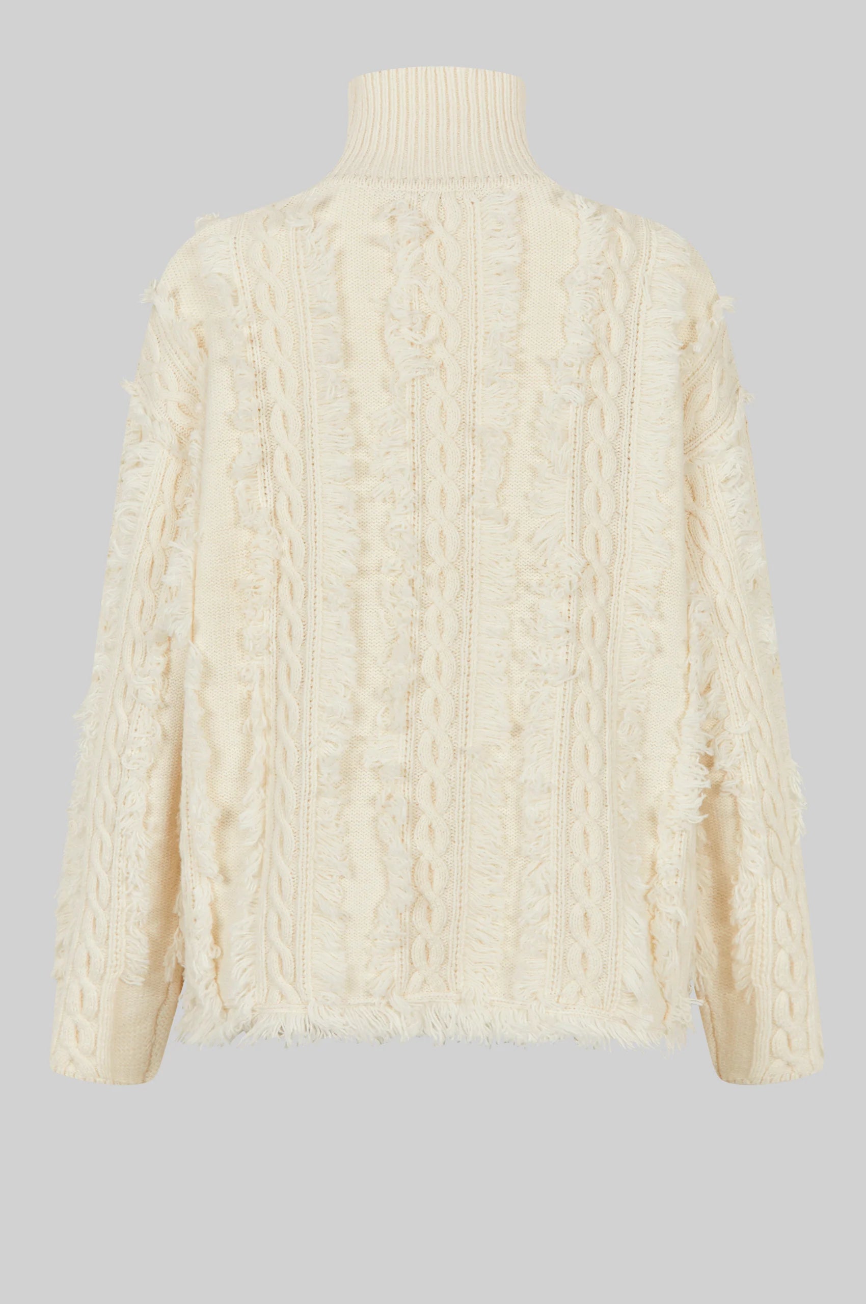 cream turtleneck jumper with fringe and cable detail rear view