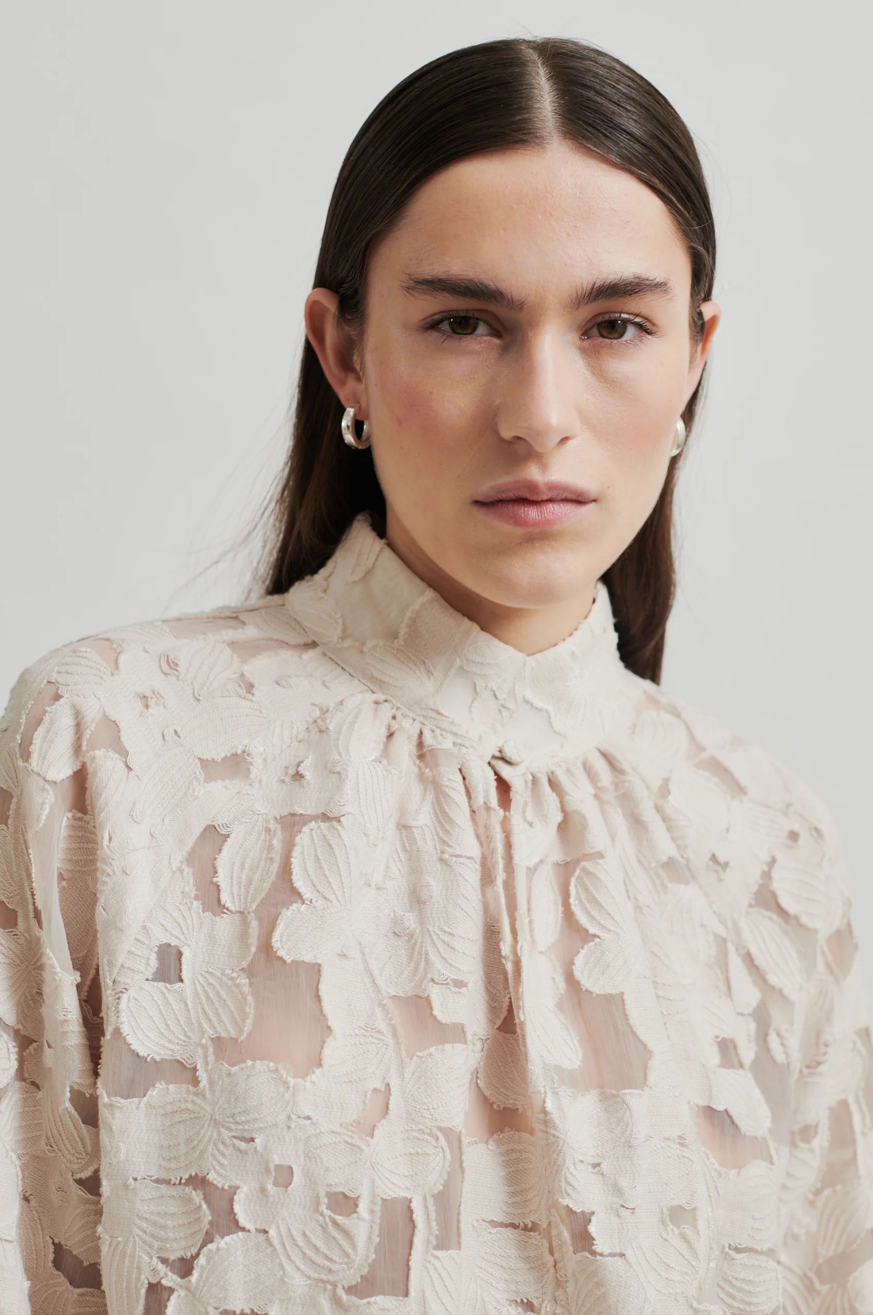 floral lace blouse on sheer background with high neck and buttoned cuffs close up