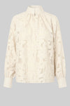 floral lace blouse on sheer background with high neck and buttoned cuffs 