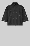 short sleeved cropped black boxy shirt with rhinestone covering 