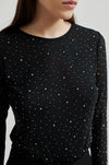 black mesh round neck top with rhinestone covering and long sleeves 