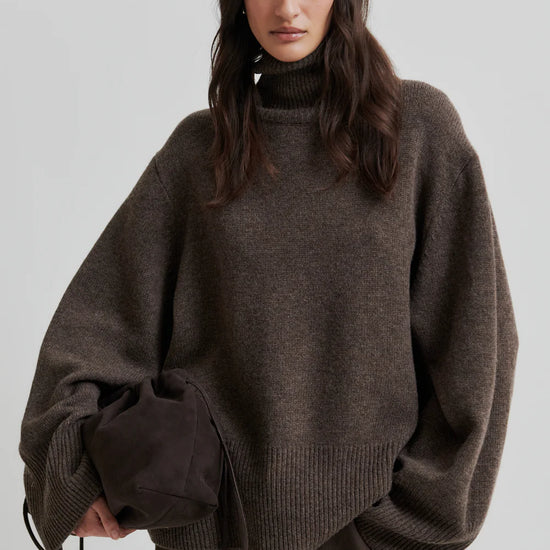 Turtleneck wool mix brown jumper with rib detailing model shot 