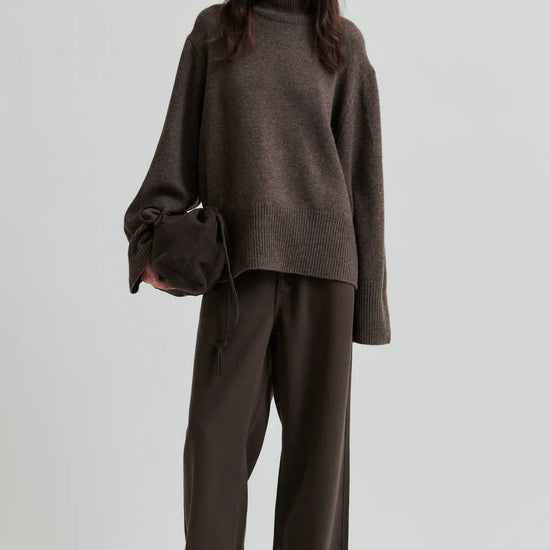 Turtleneck wool mix brown jumper with rib detailing model shot