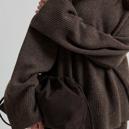 Close up detail of brown turtle neck knit from Second Female