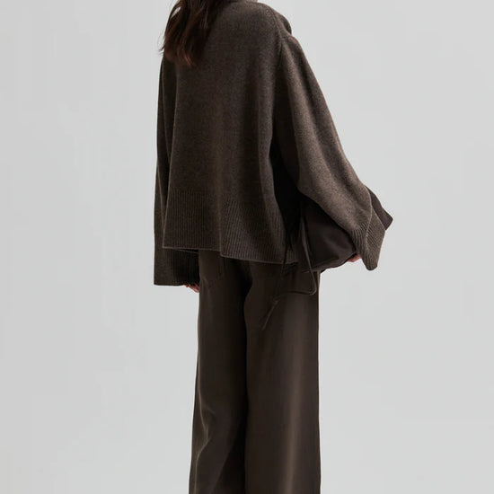 Turtleneck wool mix brown jumper with rib detailing rear view