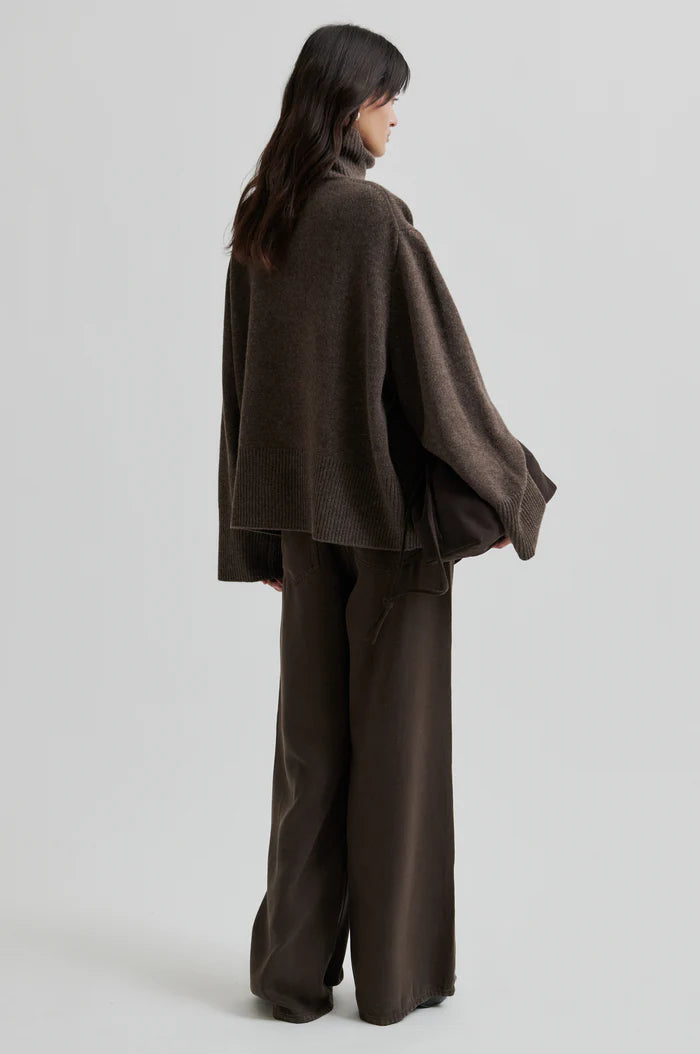 Turtleneck wool mix brown jumper with rib detailing rear view