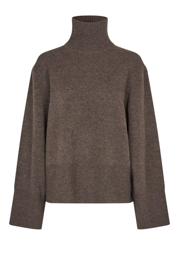 Turtleneck wool mix brown jumper with rib detailing