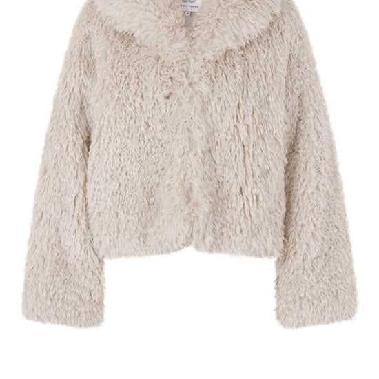 off white faux fur jacket with oversized collar and concealed fastening 