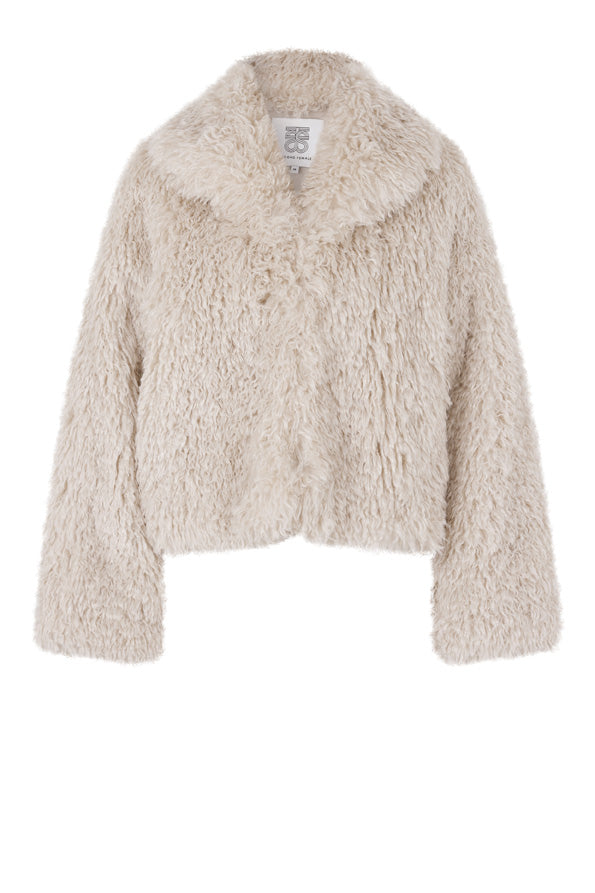 off white faux fur jacket with oversized collar and concealed fastening 