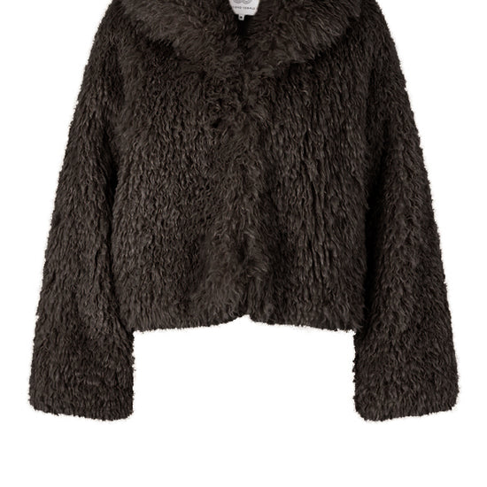 chocolate brown faux fur shaggy jacket with oversized collar and concealed fastening