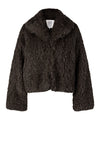 chocolate brown faux fur shaggy jacket with oversized collar and concealed fastening