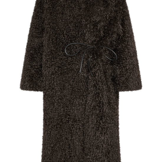 v neck faux fur coat midi length brown coat with tie detail at waist