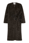 v neck faux fur coat midi length brown coat with tie detail at waist