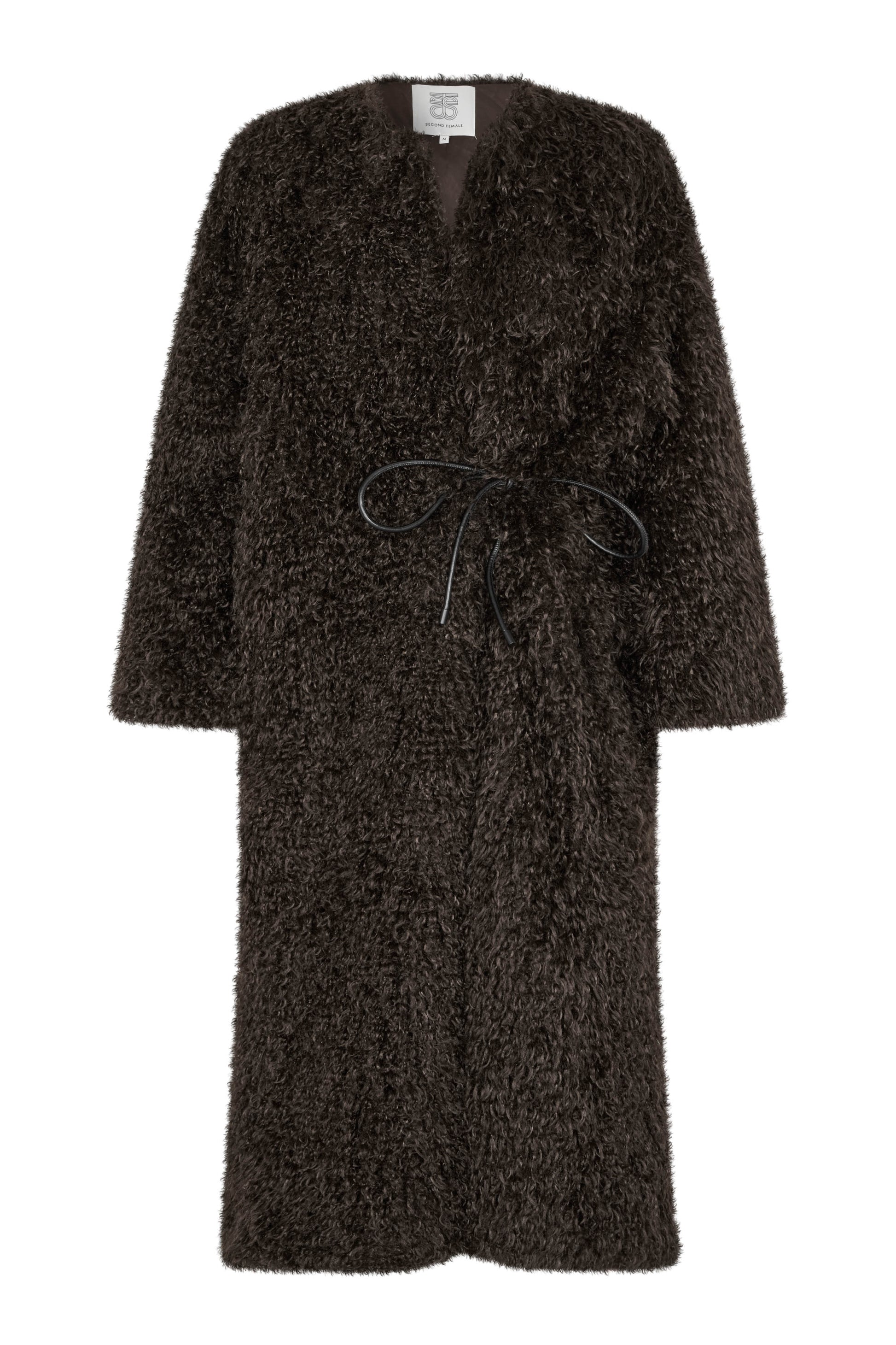 v neck faux fur coat midi length brown coat with tie detail at waist
