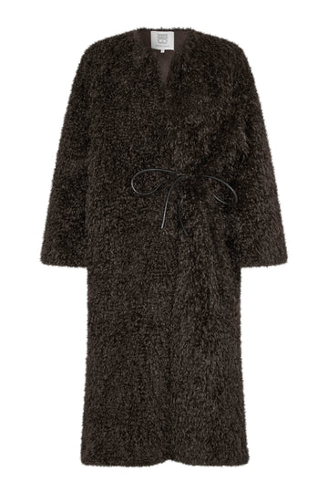 v neck faux fur coat midi length brown coat with tie detail at waist