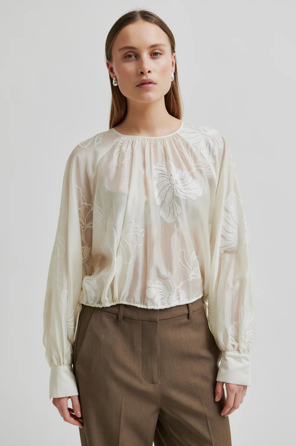 round neck ecru blouse with tonal floral print with long cuffed sleeves model shot