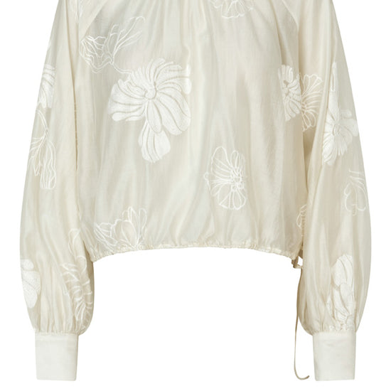 round neck ecru blouse with tonal floral print with long cuffed sleeves