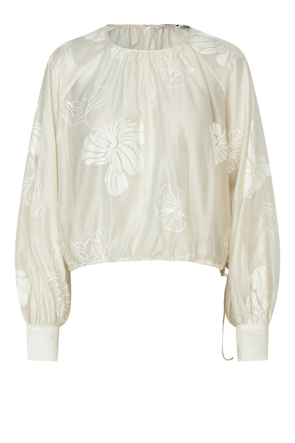 round neck ecru blouse with tonal floral print with long cuffed sleeves