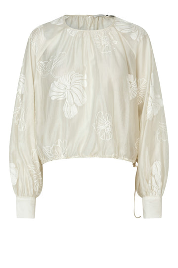 round neck ecru blouse with tonal floral print with long cuffed sleeves