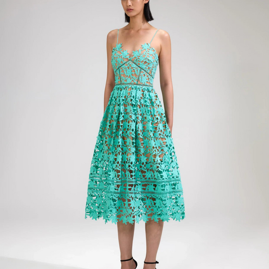 Aqua lace strappy dress with caramel visible lining