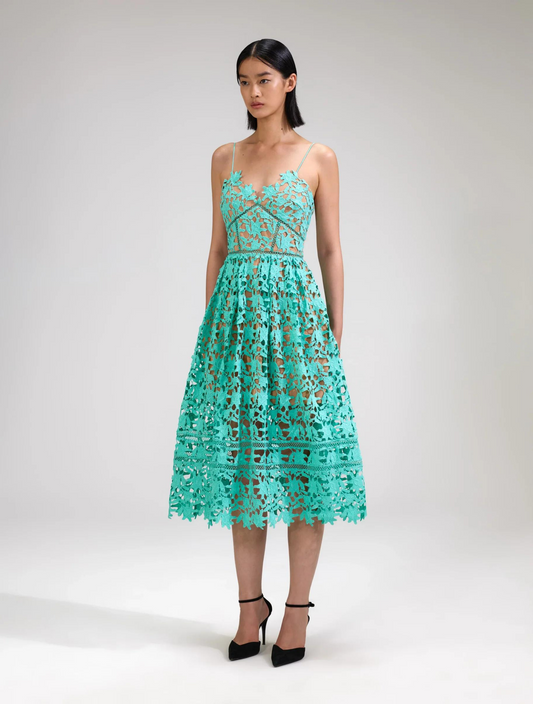 Aqua lace strappy dress with caramel visible lining