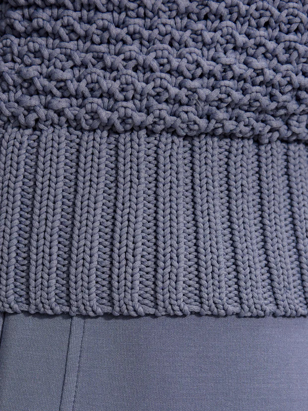 V neck textured  knitted vest in mid blue close up