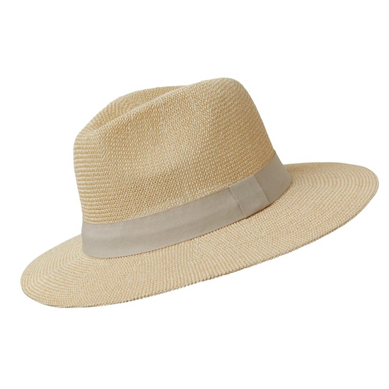 Adjustable paper panama hat with a dove coloured ribbon trim