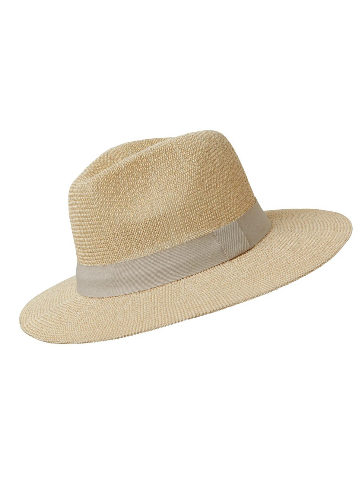 Adjustable paper panama hat with a dove coloured ribbon trim