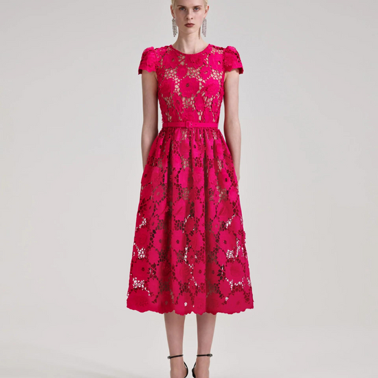  Raspberry pink lace midi dress with fitted bodice capped sleeves and tulip shaped skirt with detachable slip and fabric belt