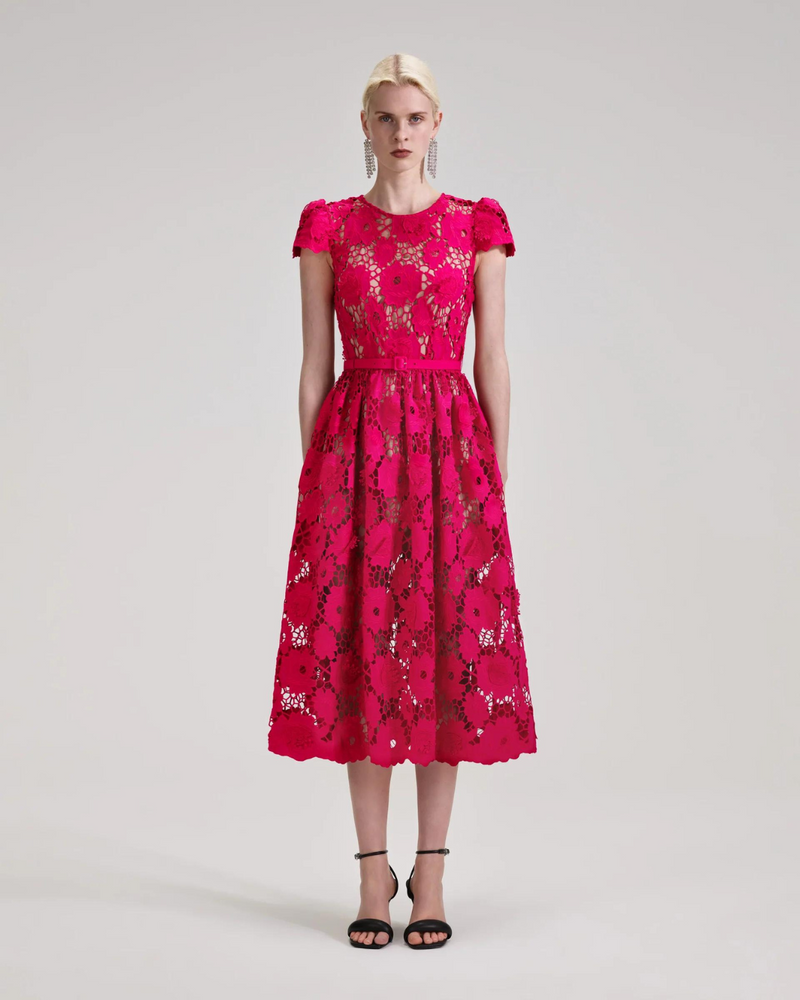  Raspberry pink lace midi dress with fitted bodice capped sleeves and tulip shaped skirt with detachable slip and fabric belt