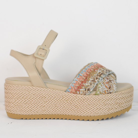 Blush raffia platform sandal with cross foot strap from pastel coloured raffia