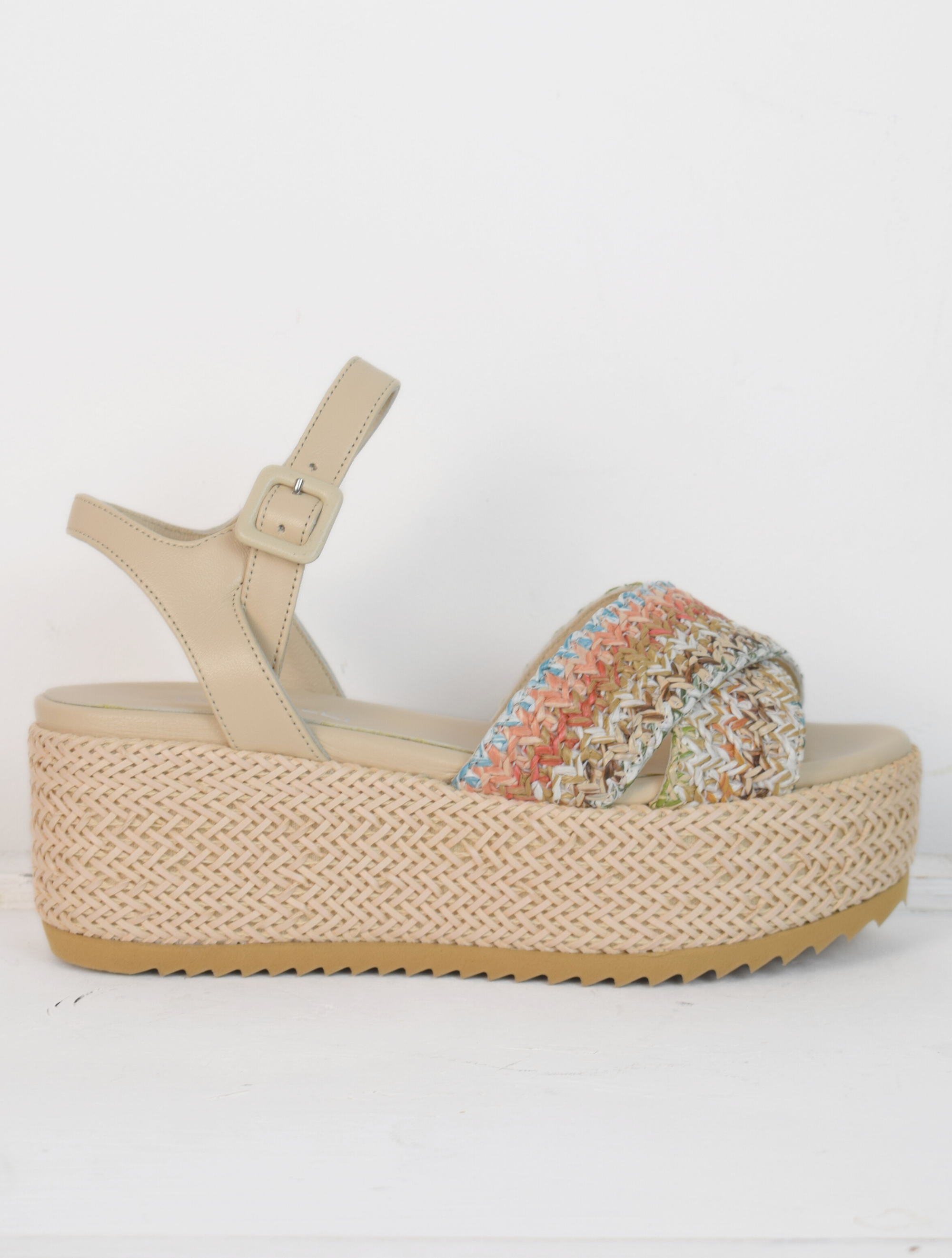 Blush raffia platform sandal with cross foot strap from pastel coloured raffia