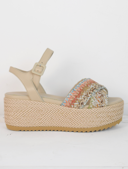 Blush raffia platform sandal with cross foot strap from pastel coloured raffia