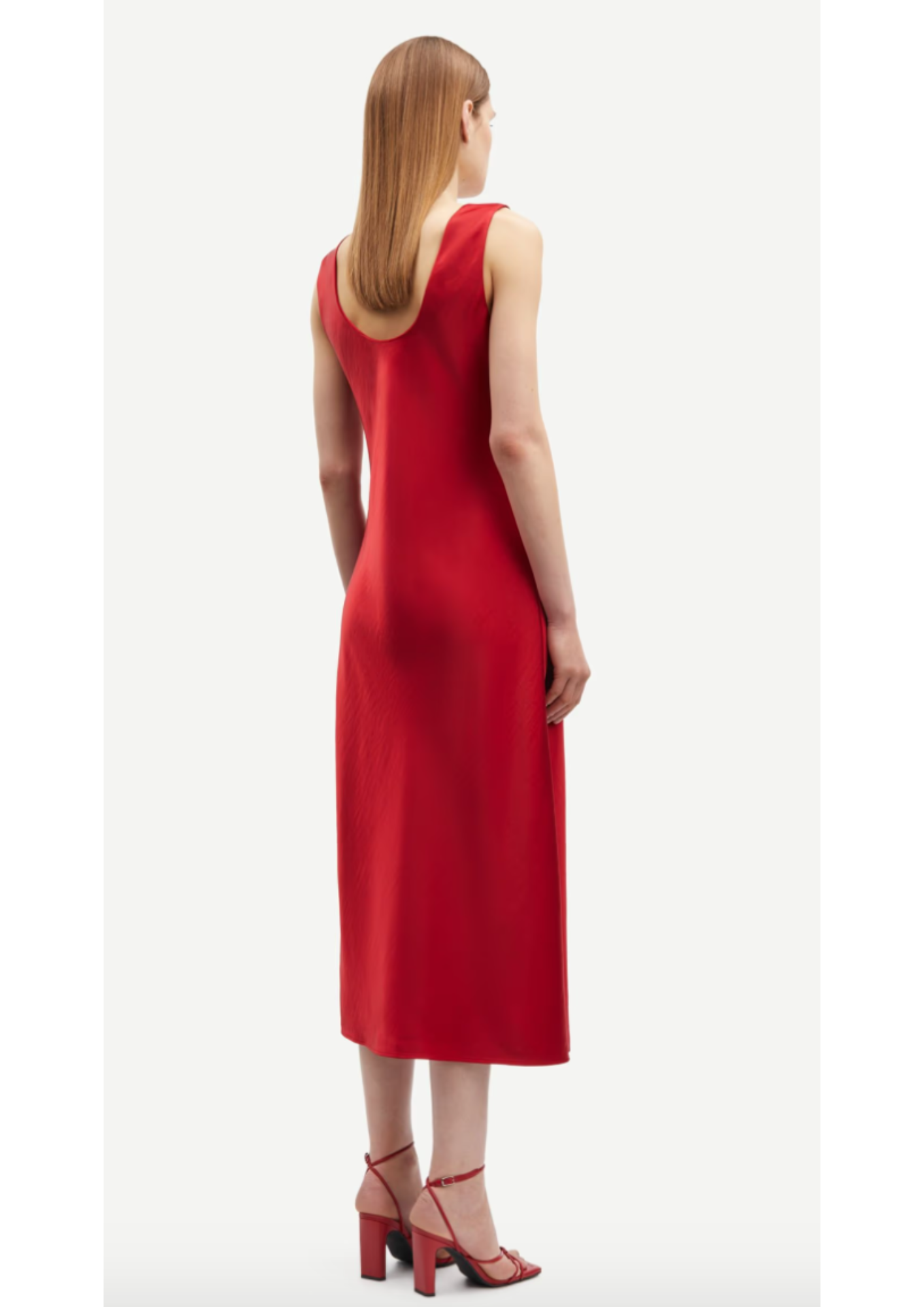 red sleeveless satin dress with round neck and back rear view 