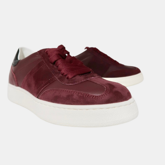 burgundy leather and suede trainers with black heel tab front view 