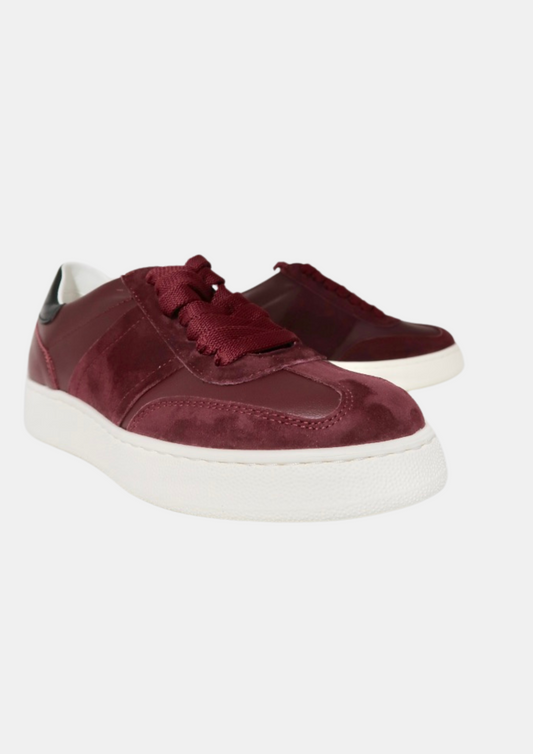 burgundy leather and suede trainers with black heel tab front view 