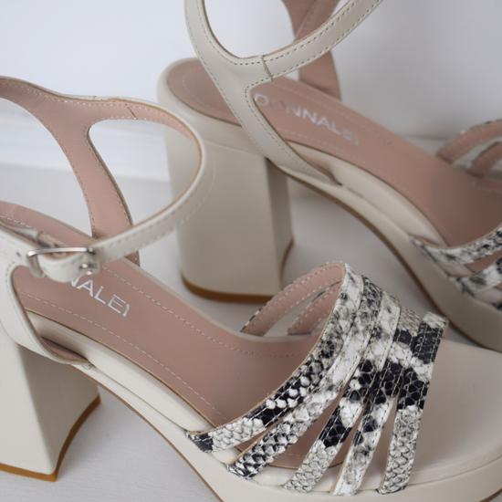 Off white platform heel with snake print straps 