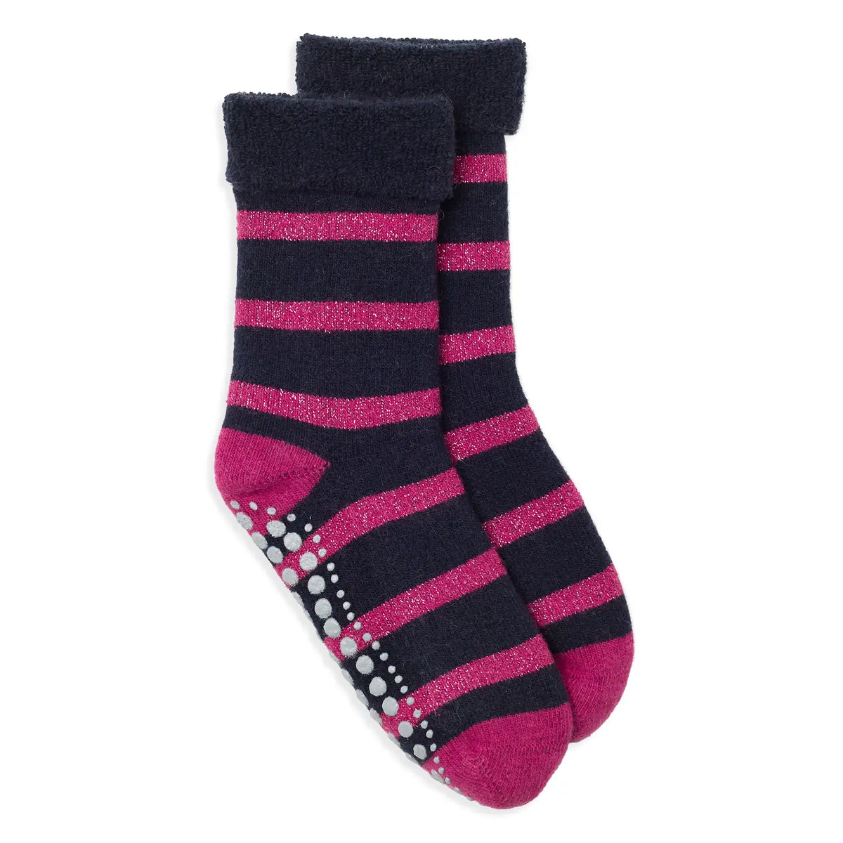 Navy and hot pink glitter stripe slipper socks with rubber grip sole
